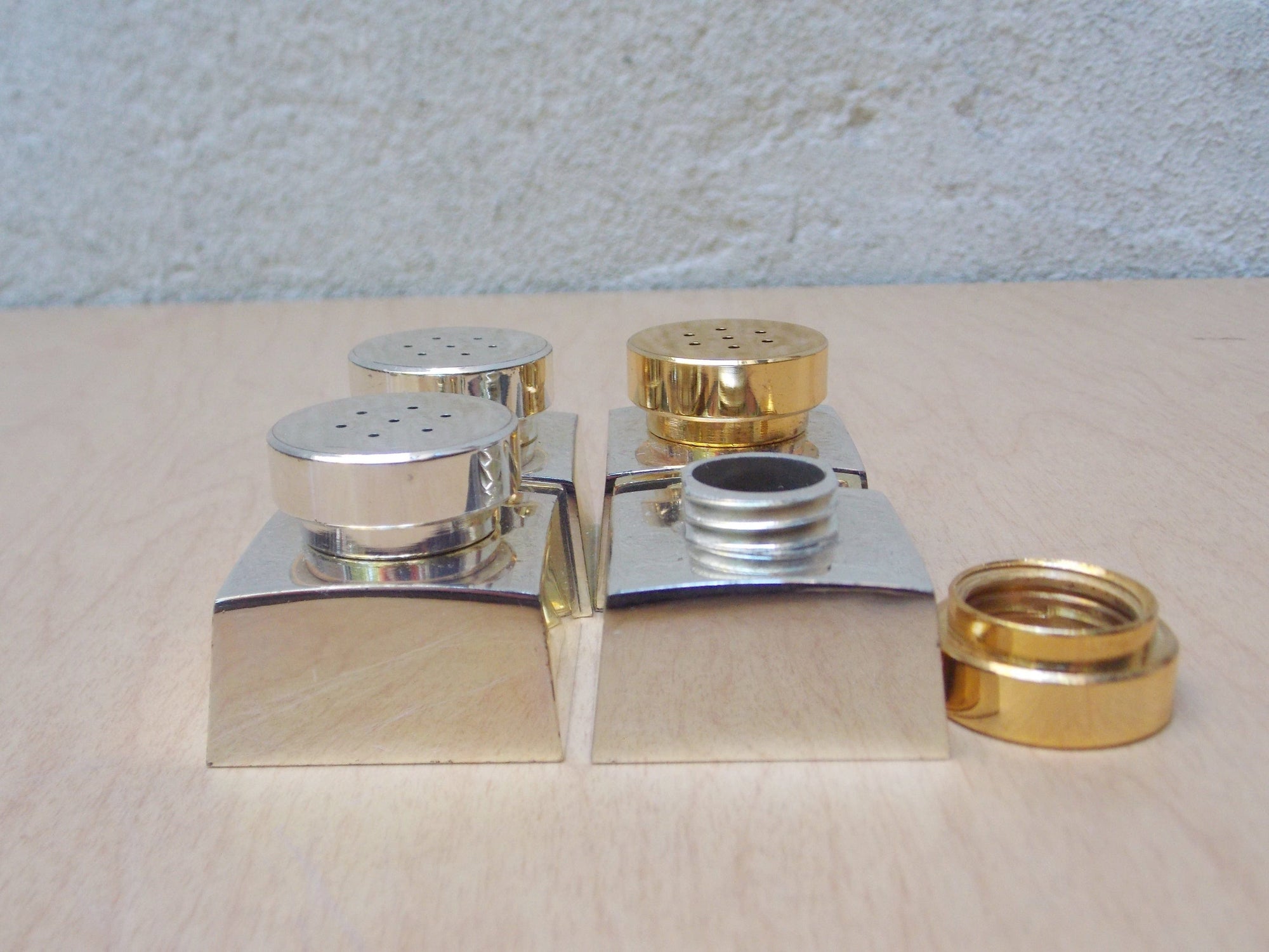 I Like Mike's Mid Century Modern Salt & Pepper Shakers Small Chromed Mixed Metals Salt & Pepper Shakers, Double Set in Box