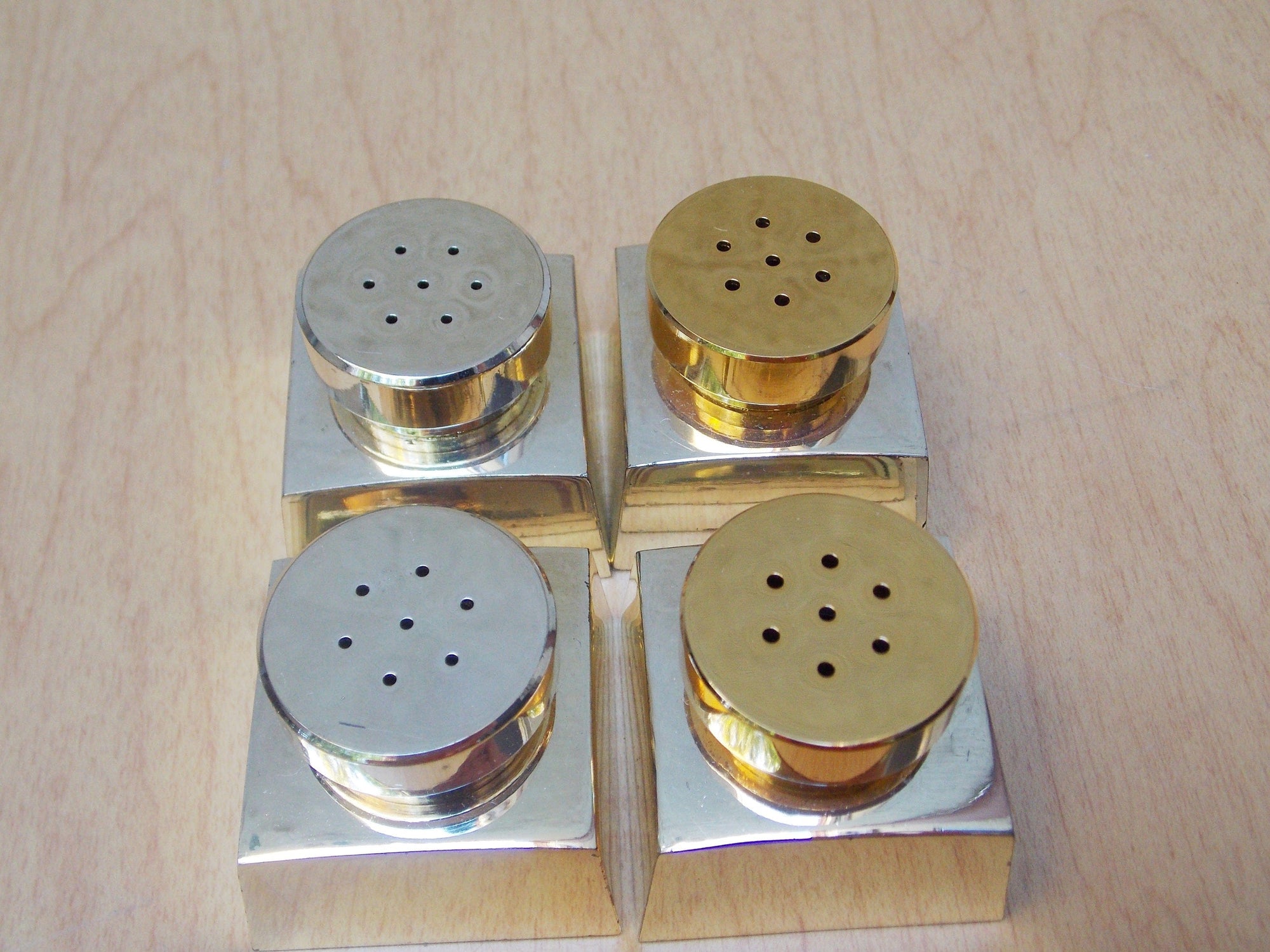 I Like Mike's Mid Century Modern Salt & Pepper Shakers Small Chromed Mixed Metals Salt & Pepper Shakers, Double Set in Box