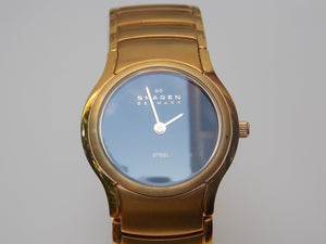 I Like Mike's Mid Century Modern Skagen Women's Round Gold Link Black Face Watch, Push Button Deployment Clasp