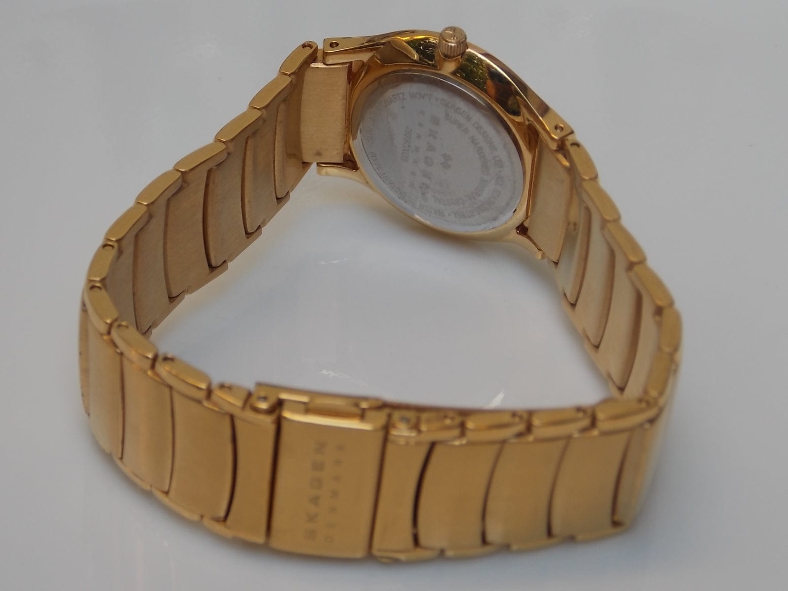 I Like Mike's Mid Century Modern Skagen Women's Round Gold Link Black Face Watch, Push Button Deployment Clasp