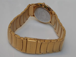 I Like Mike's Mid Century Modern Skagen Women's Round Gold Link Black Face Watch, Push Button Deployment Clasp