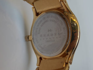 I Like Mike's Mid Century Modern Skagen Women's Round Gold Link Black Face Watch, Push Button Deployment Clasp