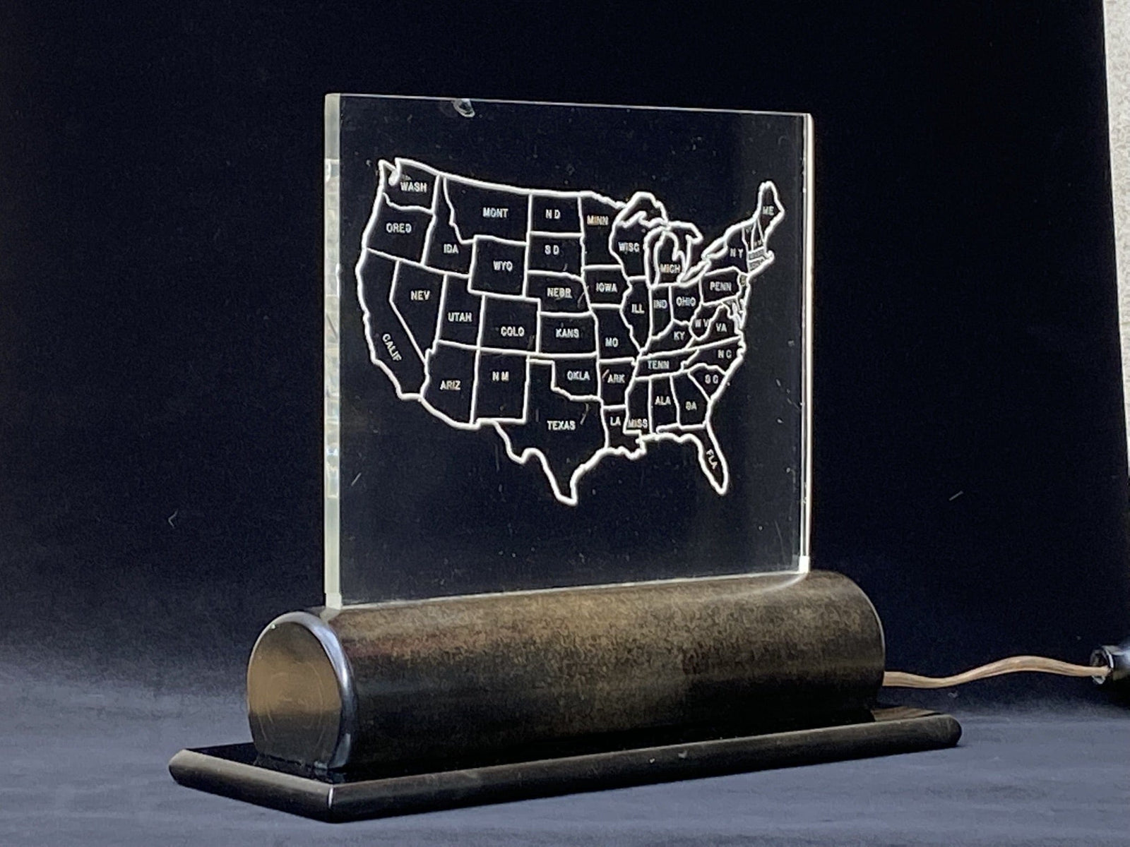 I Like Mike's Mid-Century Modern table lamps Etched Acrylic USA Map TV Lamp with Bakelite Base