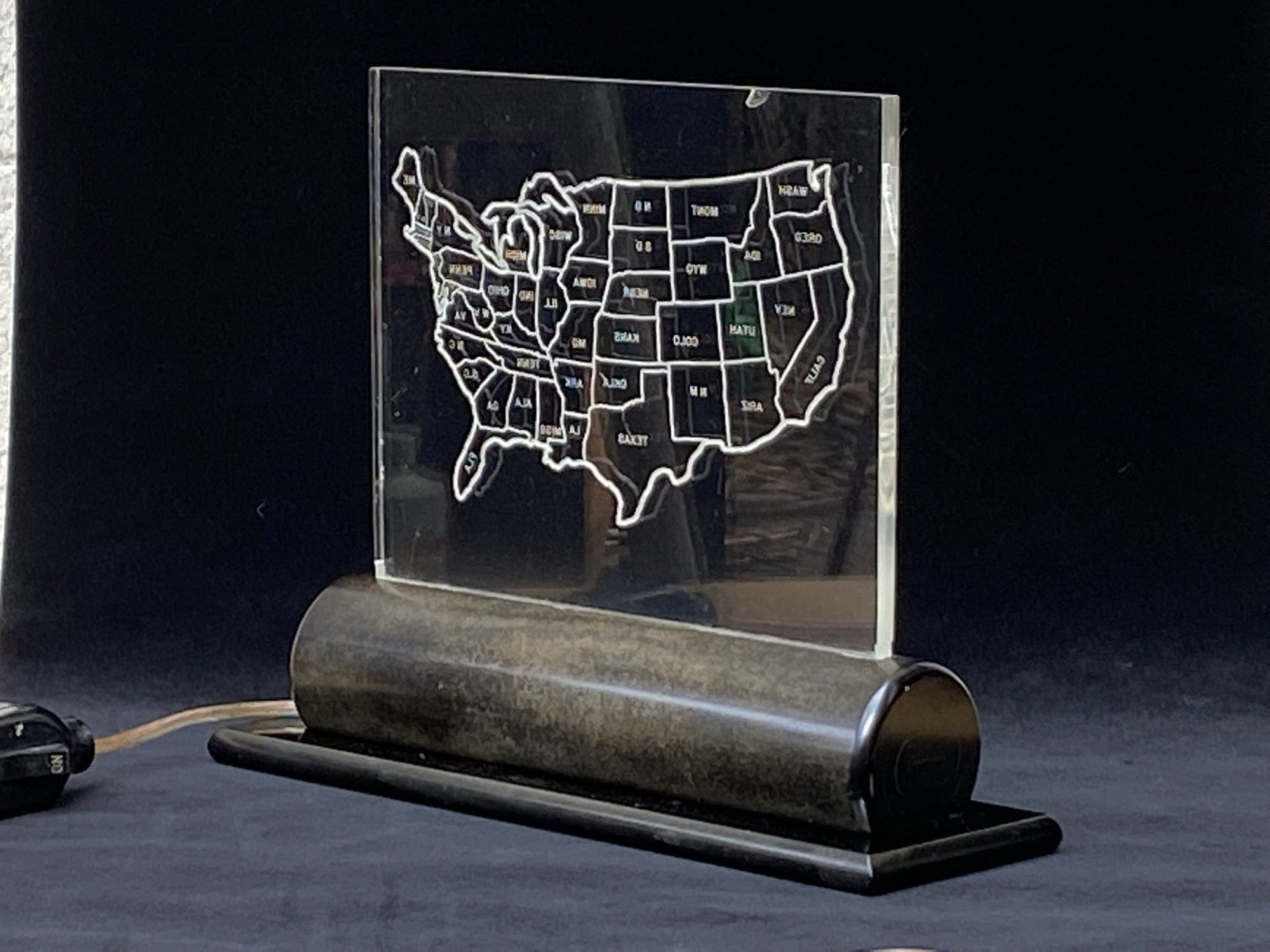 I Like Mike's Mid-Century Modern table lamps Etched Acrylic USA Map TV Lamp with Bakelite Base