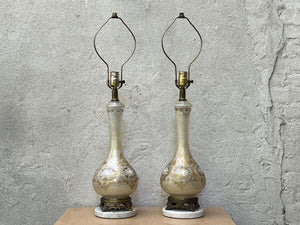 I Like Mike's Mid Century Modern table lamps Pair Mid Century Table Lamps, White Gold Venetian Style Regency with Marble Bases