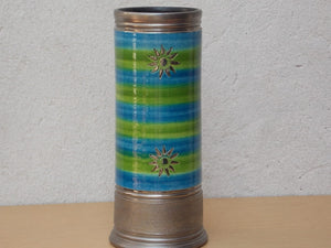 I Like Mike's Mid Century Modern Vases Large Italian Blue Green Ceramic Cylinder Vase with Silver