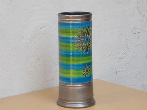 I Like Mike's Mid Century Modern Vases Large Italian Blue Green Ceramic Cylinder Vase with Silver