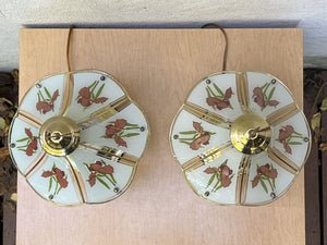 I Like Mike's Mid Century Modern vintage table lamps Pair Small Glass & Brass Boudoir Lamps with Purple Iris Design, 1980s