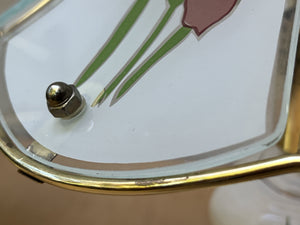 I Like Mike's Mid Century Modern vintage table lamps Pair Small Glass & Brass Boudoir Lamps with Purple Iris Design, 1980s