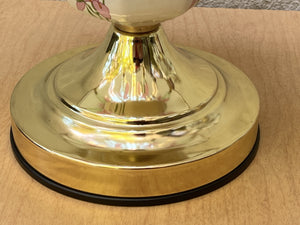 I Like Mike's Mid Century Modern vintage table lamps Pair Small Glass & Brass Boudoir Lamps with Purple Iris Design, 1980s