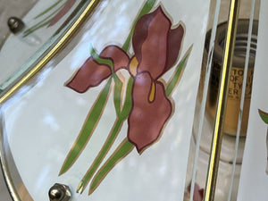 I Like Mike's Mid Century Modern vintage table lamps Pair Small Glass & Brass Boudoir Lamps with Purple Iris Design, 1980s