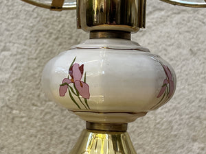 I Like Mike's Mid Century Modern vintage table lamps Pair Small Glass & Brass Boudoir Lamps with Purple Iris Design, 1980s