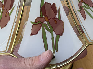 I Like Mike's Mid Century Modern vintage table lamps Pair Small Glass & Brass Boudoir Lamps with Purple Iris Design, 1980s