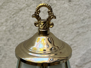 I Like Mike's Mid Century Modern vintage table lamps Pair Small Glass & Brass Boudoir Lamps with Purple Iris Design, 1980s