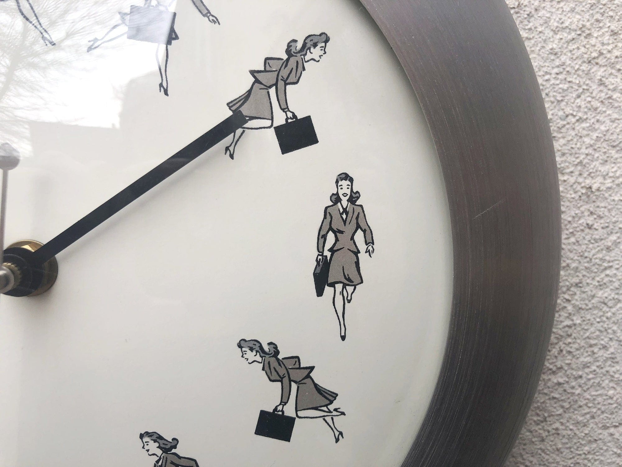 I Like Mike's Mid Century Modern Wall Clocks FoxKlox USA Wall Clock Round Brushed Aluminum, 1940's Woman On The Go