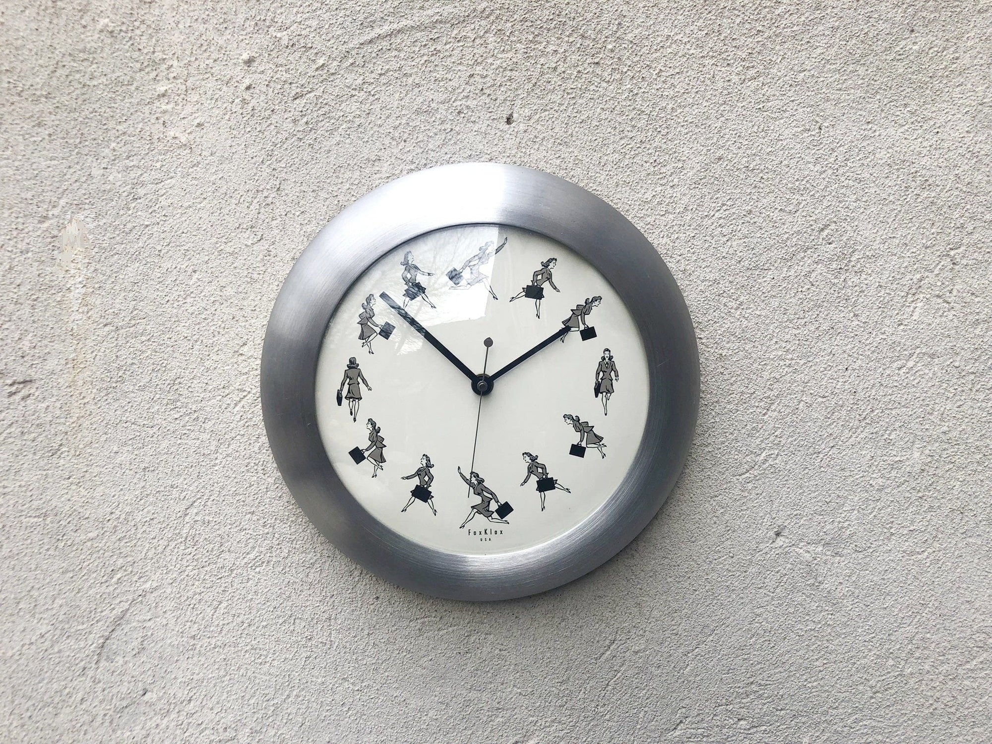 I Like Mike's Mid Century Modern Wall Clocks FoxKlox USA Wall Clock Round Brushed Aluminum, 1940's Woman On The Go