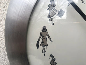 I Like Mike's Mid Century Modern Wall Clocks FoxKlox USA Wall Clock Round Brushed Aluminum, 1940's Woman On The Go