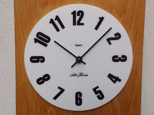 I Like Mike's Mid Century Modern Wall Clocks Lawrence Peabody Bent Oak Wall Clock by Seth Thomas, Quartz, White Lucite Face