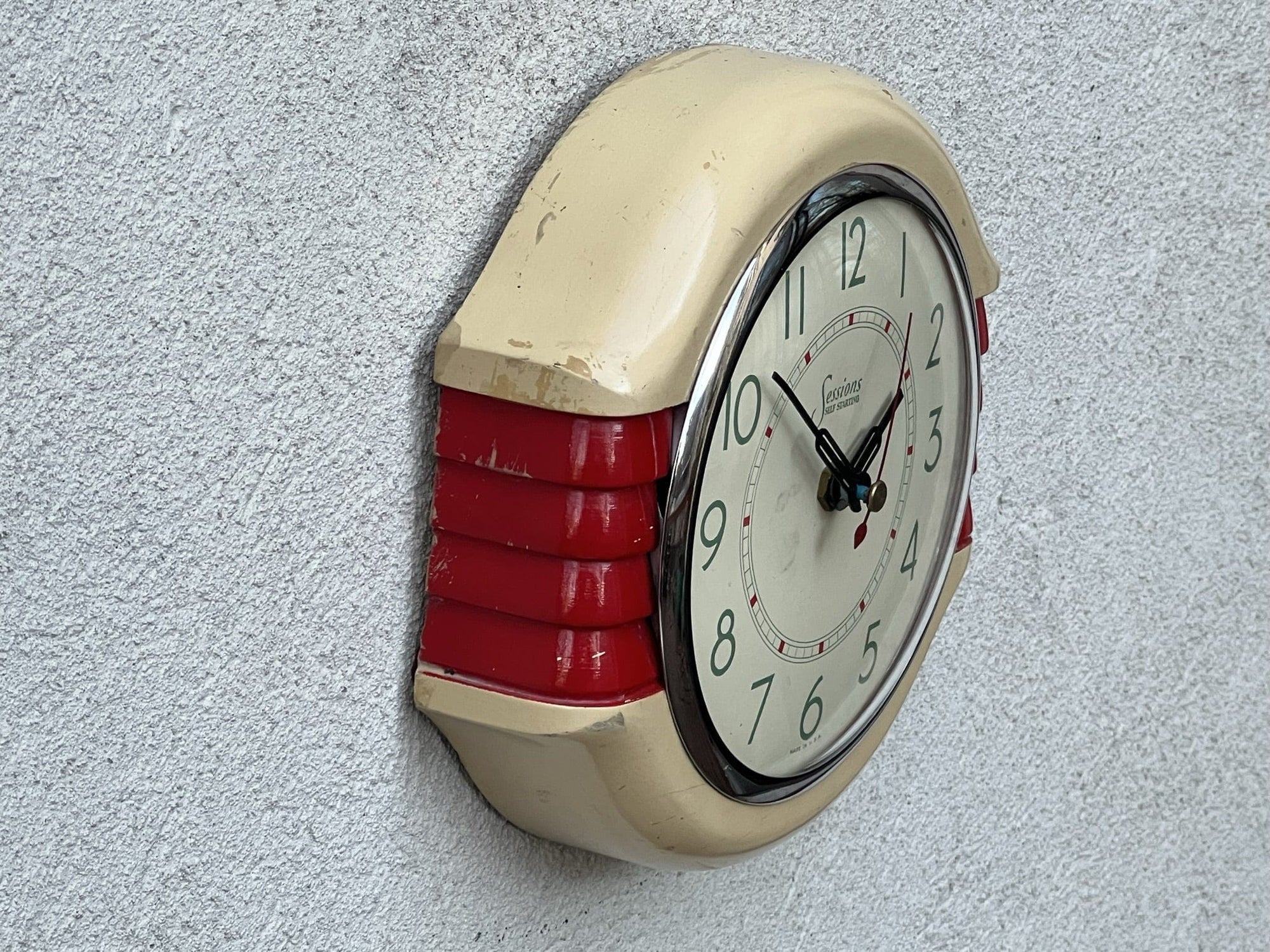 I Like Mike's Mid Century Modern Wall Clocks Sessions White Red Wood "Self Starter" Wall Clock with Updated Quartz Movement, Original Hands