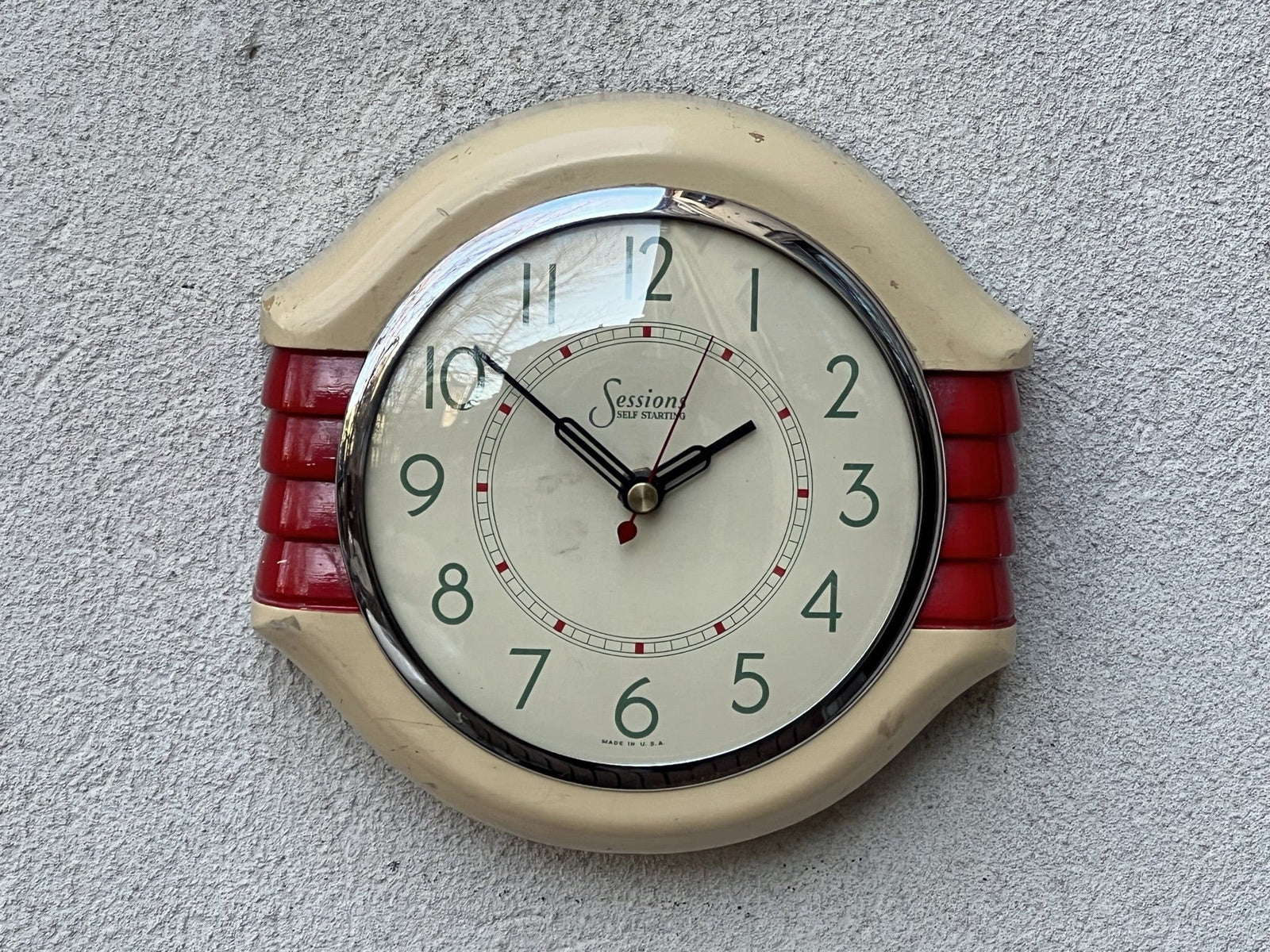 I Like Mike's Mid Century Modern Wall Clocks Sessions White Red Wood "Self Starter" Wall Clock with Updated Quartz Movement, Original Hands