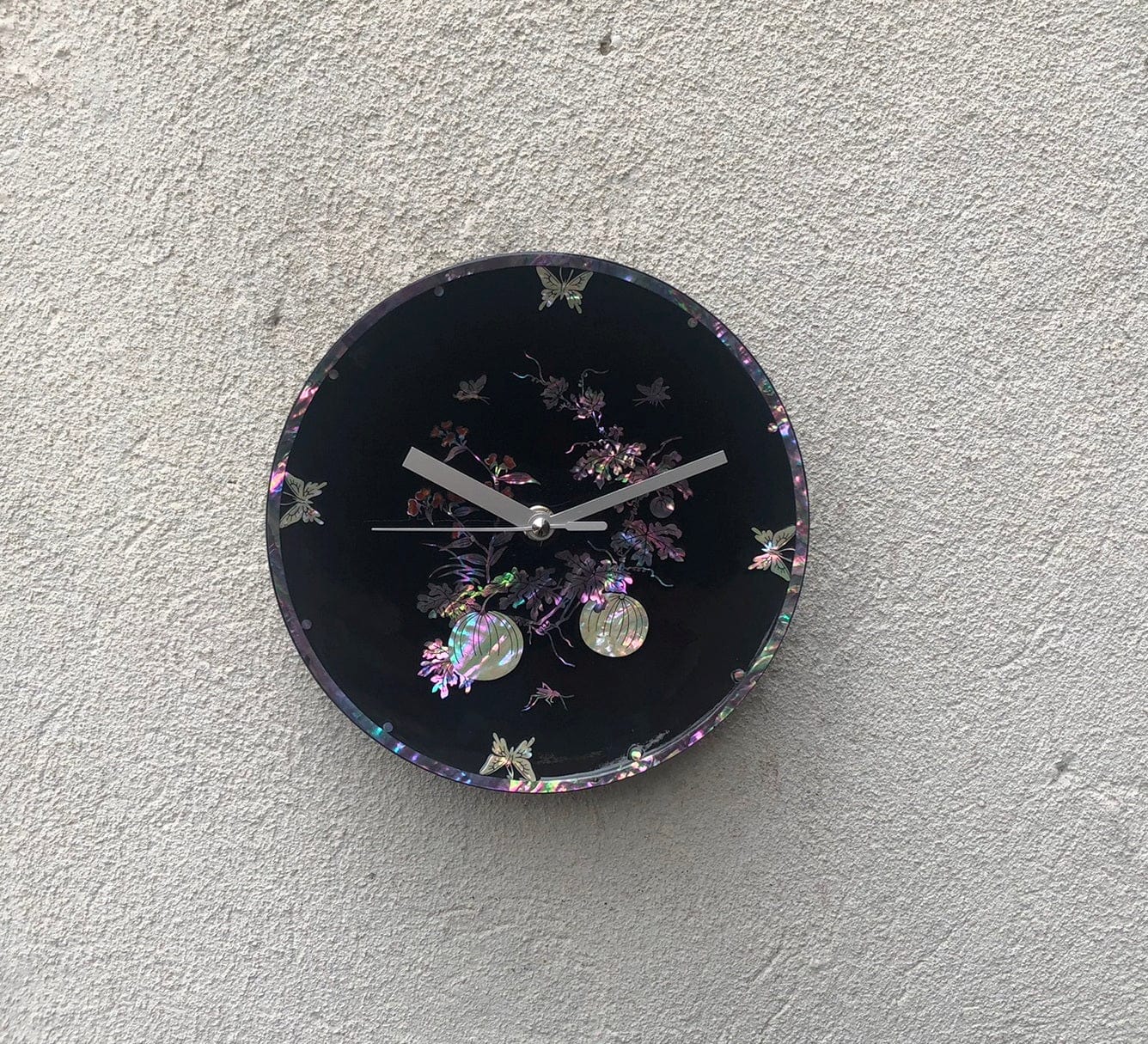 I Like Mike's Mid Century Modern Wall Clocks Small Round Asian Shell Inlay Black Lacquer Clock with Butterflies