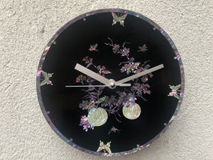 I Like Mike's Mid Century Modern Wall Clocks Small Round Asian Shell Inlay Black Lacquer Clock with Butterflies