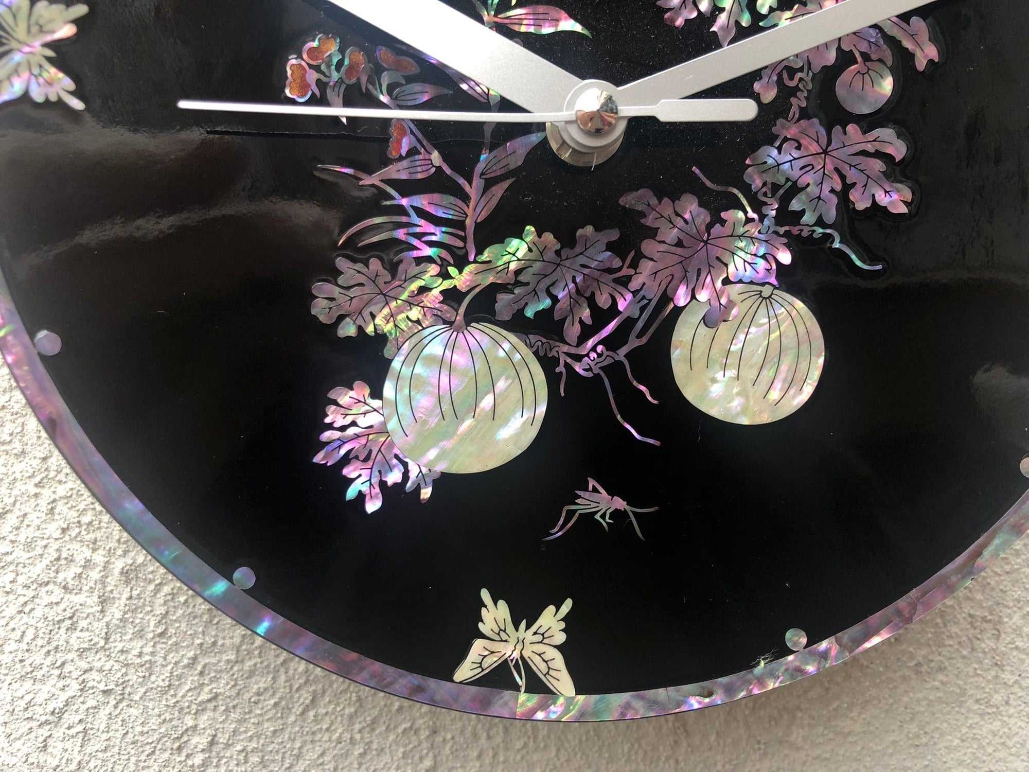 I Like Mike's Mid Century Modern Wall Clocks Small Round Asian Shell Inlay Black Lacquer Clock with Butterflies