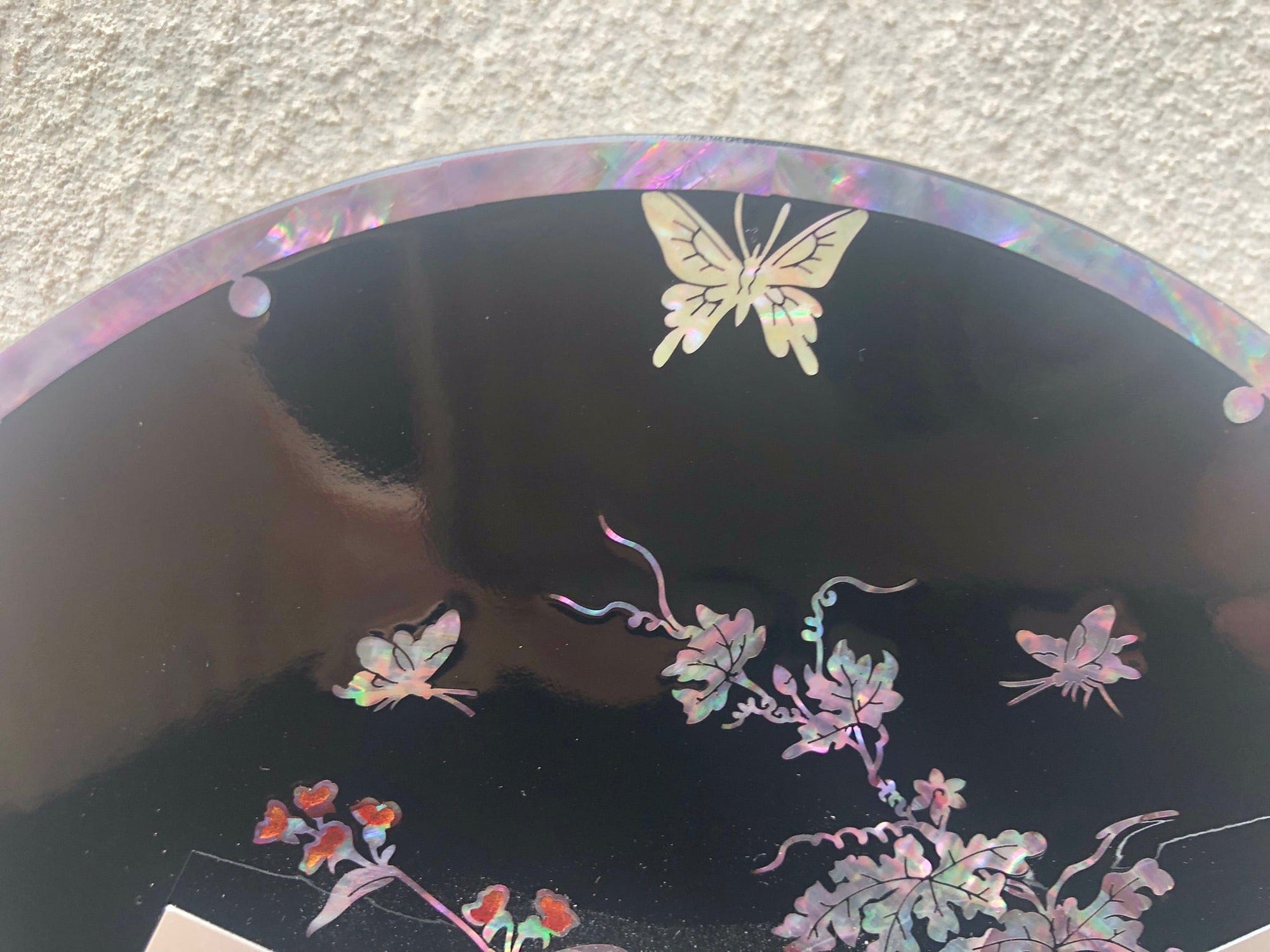 I Like Mike's Mid Century Modern Wall Clocks Small Round Asian Shell Inlay Black Lacquer Clock with Butterflies