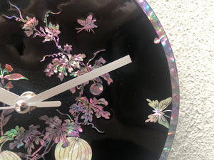 I Like Mike's Mid Century Modern Wall Clocks Small Round Asian Shell Inlay Black Lacquer Clock with Butterflies