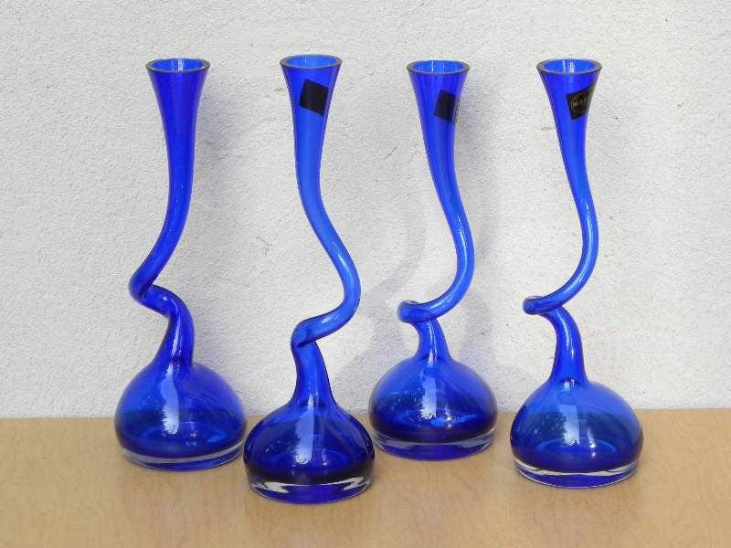 I Like Mike's Mid-Century Modern Wall Decor & Art Cobalt Blue Makora Handblown Glass Twisted Neck Vase (Price is for one)
