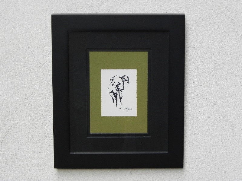 I Like Mike's Mid Century Modern Wall Decor & Art Degas Nude Pen & Ink Drawing Mated Framed, Black and Olive Green