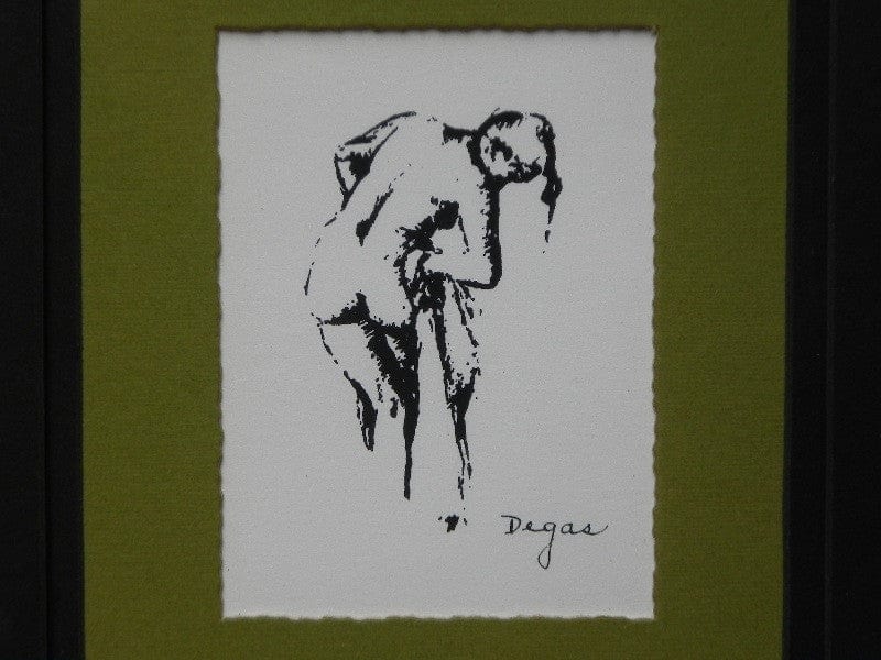 I Like Mike's Mid Century Modern Wall Decor & Art Degas Nude Pen & Ink Drawing Mated Framed, Black and Olive Green
