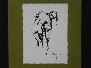 I Like Mike's Mid Century Modern Wall Decor & Art Degas Nude Pen & Ink Drawing Mated Framed, Black and Olive Green