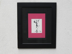 I Like Mike's Mid Century Modern Wall Decor & Art Degas Nude Pen & Ink Drawing Mated Framed, Black and Raspberry Red