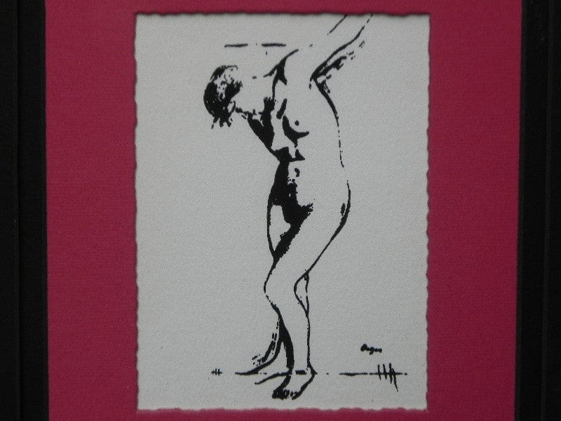 I Like Mike's Mid Century Modern Wall Decor & Art Degas Nude Pen & Ink Drawing Mated Framed, Black and Raspberry Red