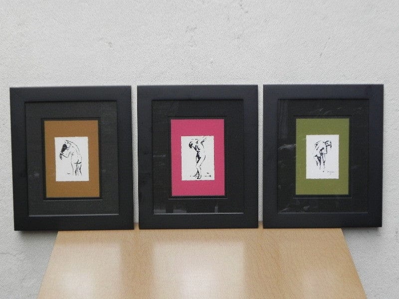 I Like Mike's Mid Century Modern Wall Decor & Art Degas Nude Pen & Ink Drawing Mated Framed, Black and Raspberry Red