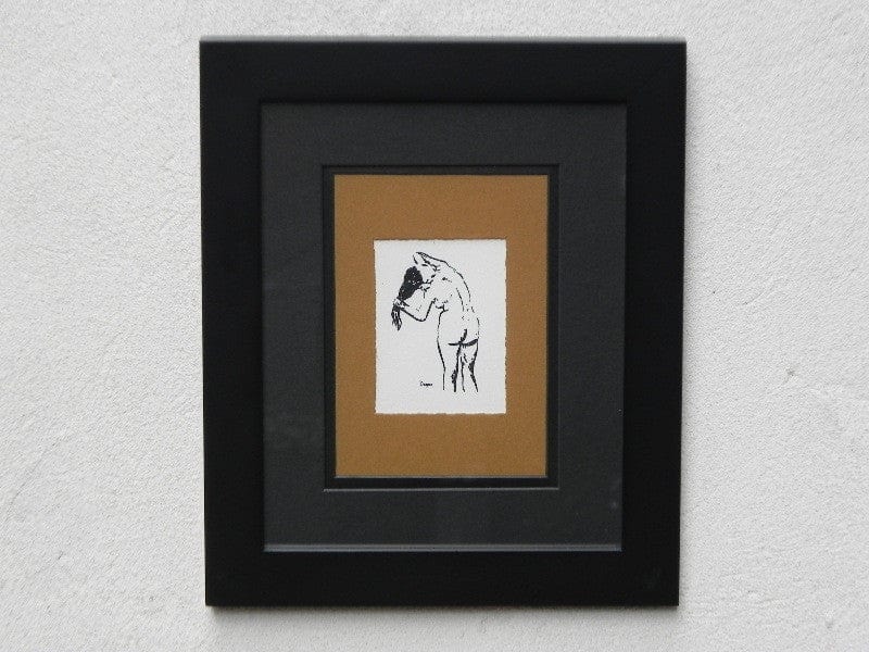 I Like Mike's Mid Century Modern Wall Decor & Art Degas Nude Pen & Ink Drawing Mated Framed, Black and Sienna Brown