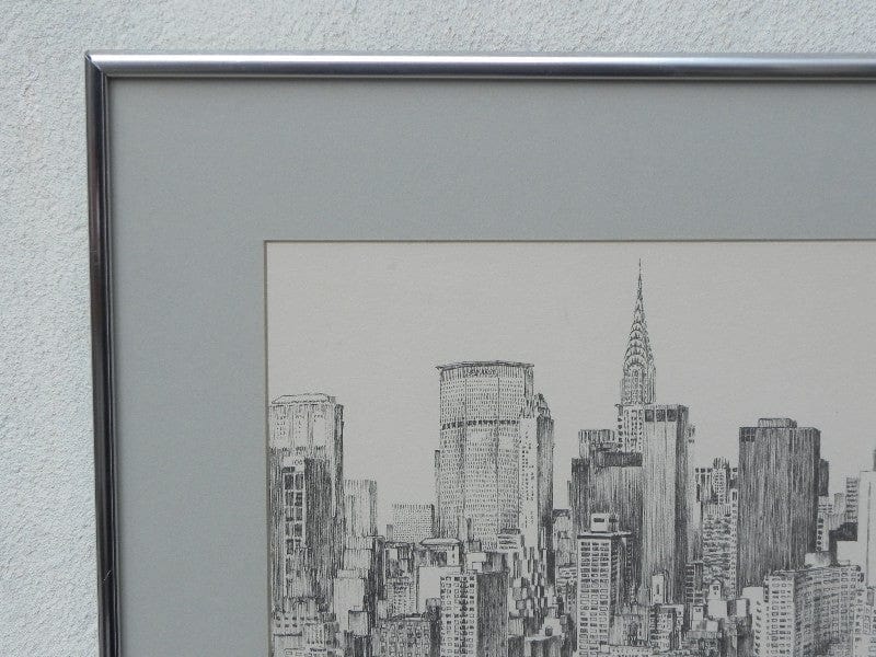 I Like Mike's Mid Century Modern Wall Decor & Art Finkenberg Pen & Ink of Manhattan Looking Toward Chrysler Building Litho Newly Framed