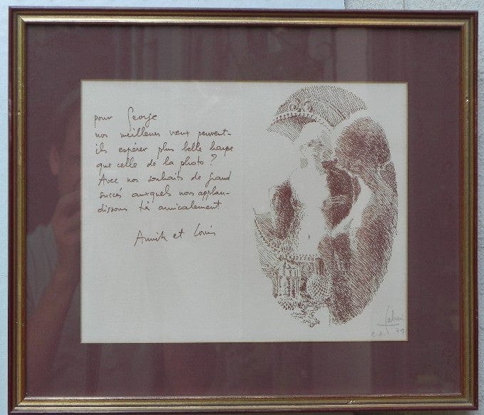 I Like Mike's Mid Century Modern Wall Decor & Art Framed Christmas Note with Drawing by Louis Fabien 1979, Cranberry and Gold, Signed