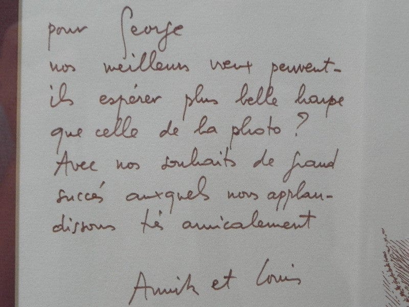 I Like Mike's Mid Century Modern Wall Decor & Art Framed Christmas Note with Drawing by Louis Fabien 1979, Cranberry and Gold, Signed