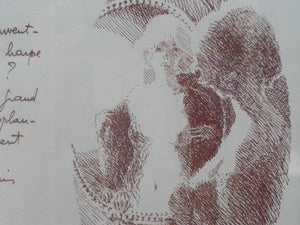 I Like Mike's Mid Century Modern Wall Decor & Art Framed Christmas Note with Drawing by Louis Fabien 1979, Cranberry and Gold, Signed