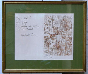 I Like Mike's Mid Century Modern Wall Decor & Art Framed Christmas Note with Drawing Louis Fabien 1983, Light Green and Gold, Signed