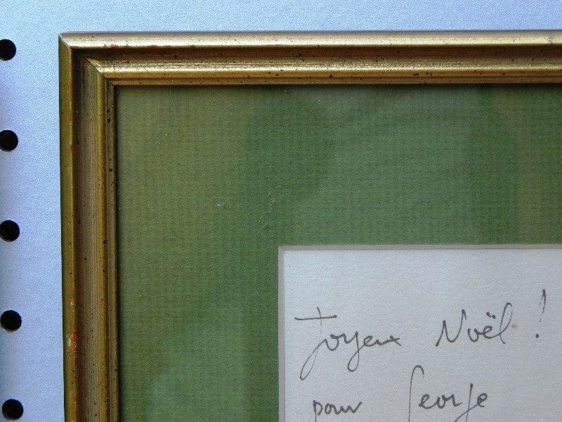 I Like Mike's Mid Century Modern Wall Decor & Art Framed Christmas Note with Drawing Louis Fabien 1983, Light Green and Gold, Signed