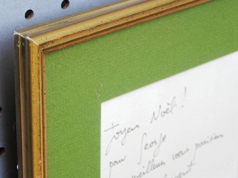 I Like Mike's Mid Century Modern Wall Decor & Art Framed Christmas Note with Drawing Louis Fabien 1983, Light Green and Gold, Signed