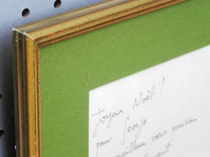I Like Mike's Mid Century Modern Wall Decor & Art Framed Christmas Note with Drawing Louis Fabien 1983, Light Green and Gold, Signed