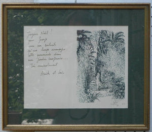 I Like Mike's Mid Century Modern Wall Decor & Art Framed Christmas Note with Drawing Louis Fabien 1984, Dark Green and Gold, Signed