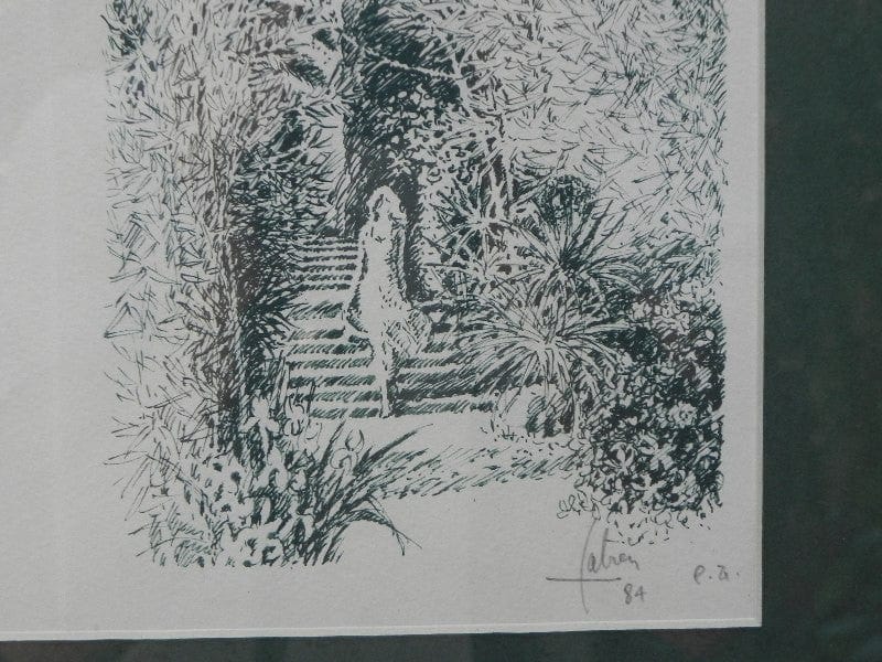 I Like Mike's Mid Century Modern Wall Decor & Art Framed Christmas Note with Drawing Louis Fabien 1984, Dark Green and Gold, Signed