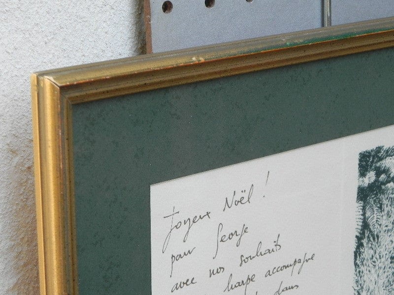 I Like Mike's Mid Century Modern Wall Decor & Art Framed Christmas Note with Drawing Louis Fabien 1984, Dark Green and Gold, Signed