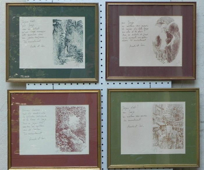I Like Mike's Mid Century Modern Wall Decor & Art Framed Christmas Note with Drawing Louis Fabien 1984, Dark Green and Gold, Signed
