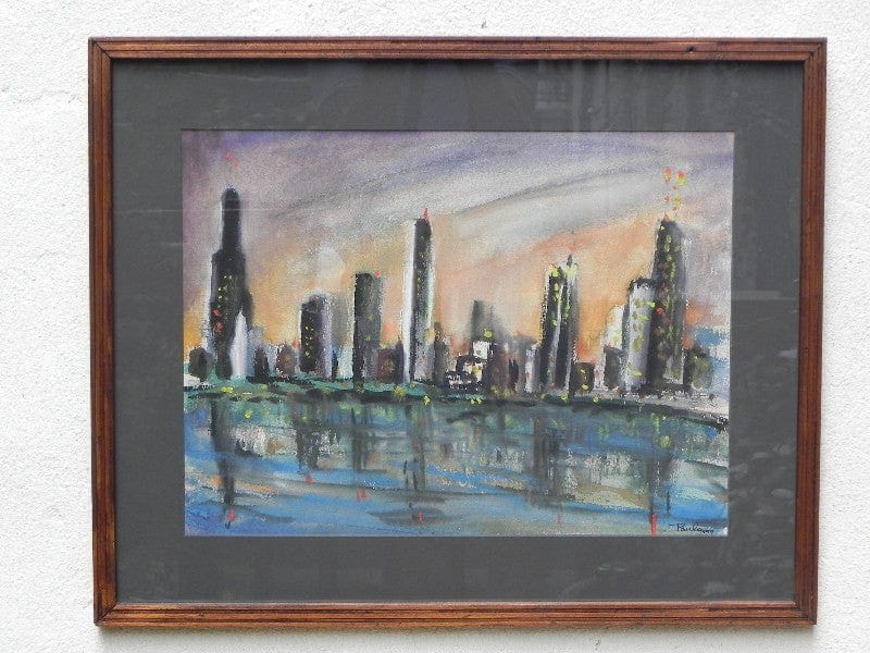 I Like Mike's Mid-Century Modern Wall Decor & Art Framed Cityscape on Water (Chicago) Original Painting 1977